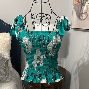 Elegant Floral Smocked Blouse in Teal